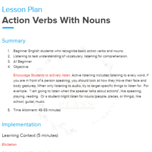 English Lesson Plan - Action Verbs With Nouns